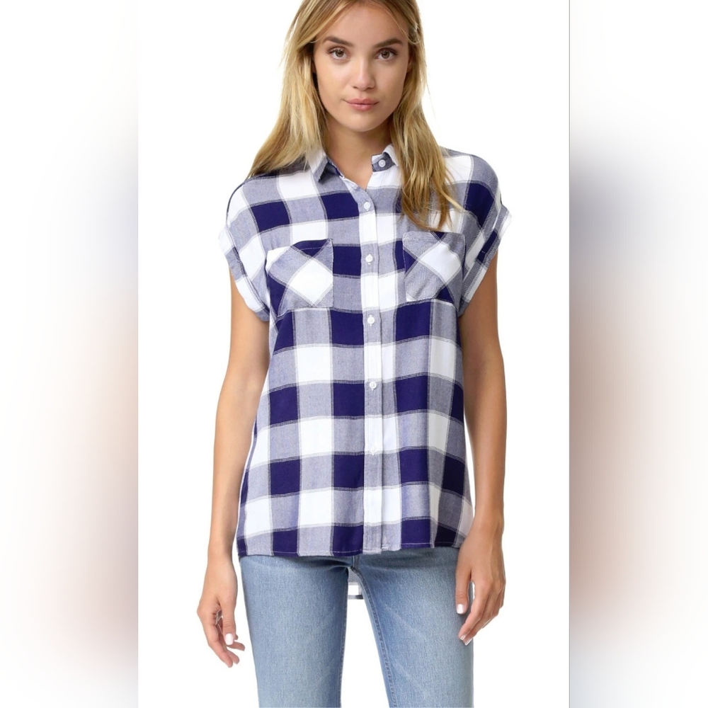 Rails Women's Britt Rolled Sleeve Button Down Plaid Shirt Blue/White Size Medium - Picture 1 of 15